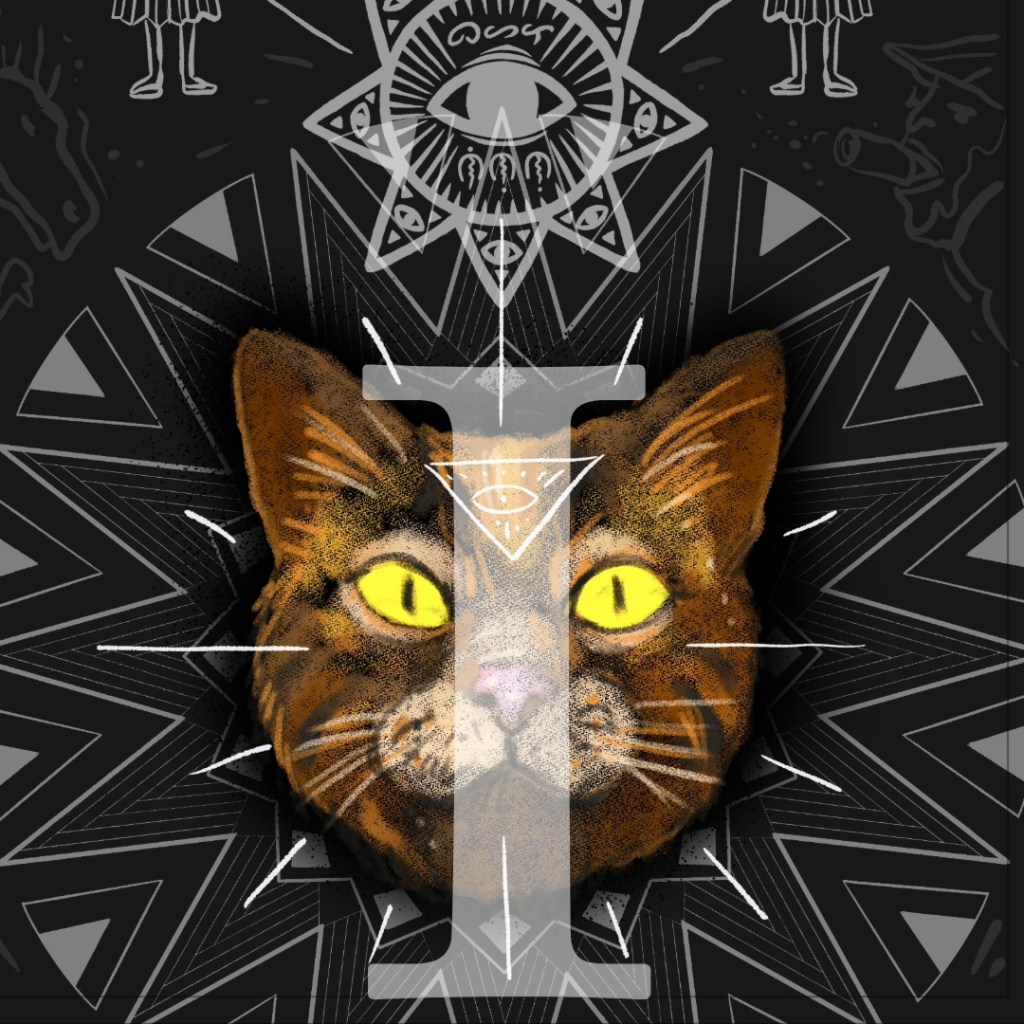 illustrated orange cat with whitch-like symbols and the letter "I" over it
